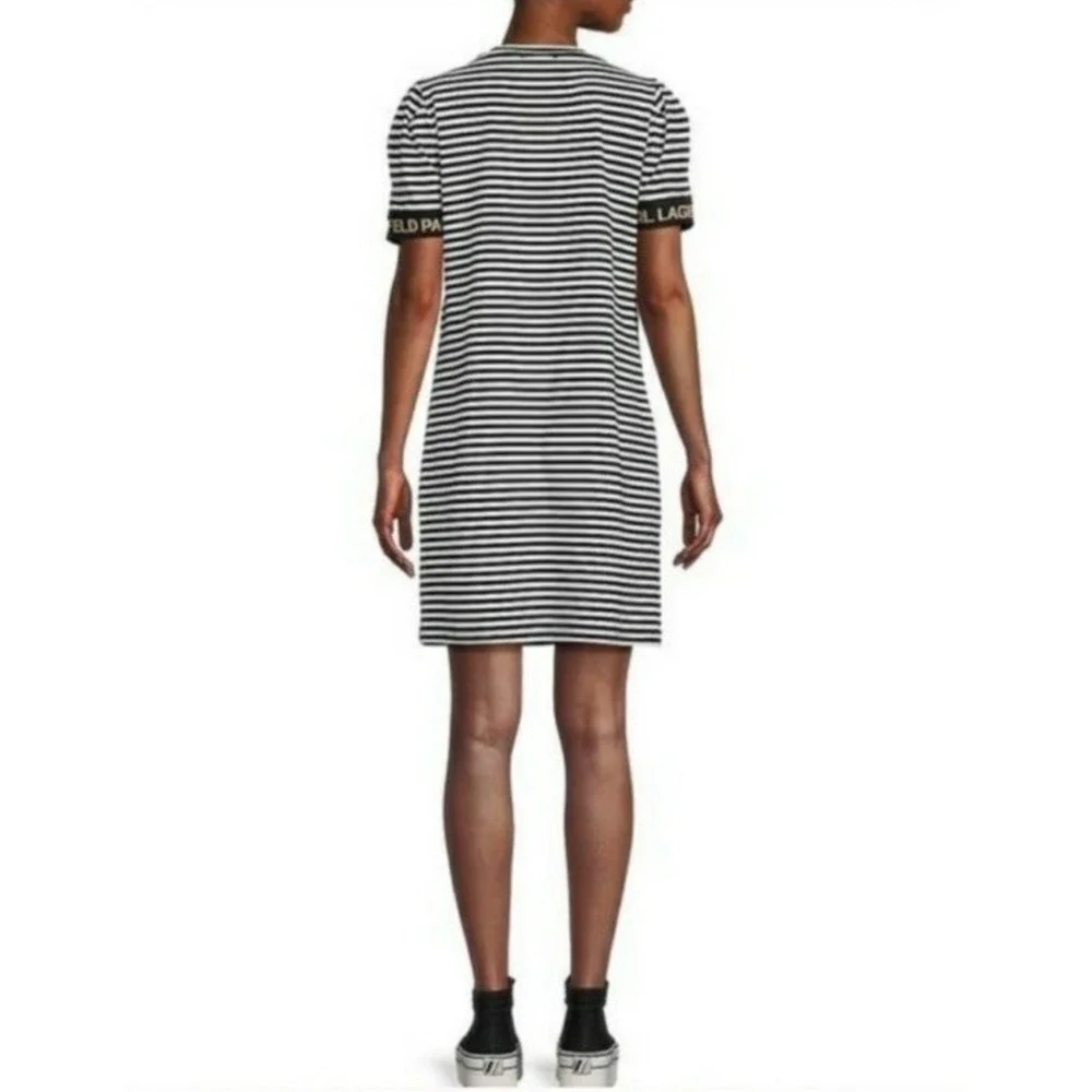 Karl Lagerfeld Paris‎ Striped Logo Tape Puff Sleeve Tshirt Dress Sz XS - Picture 3 of 11